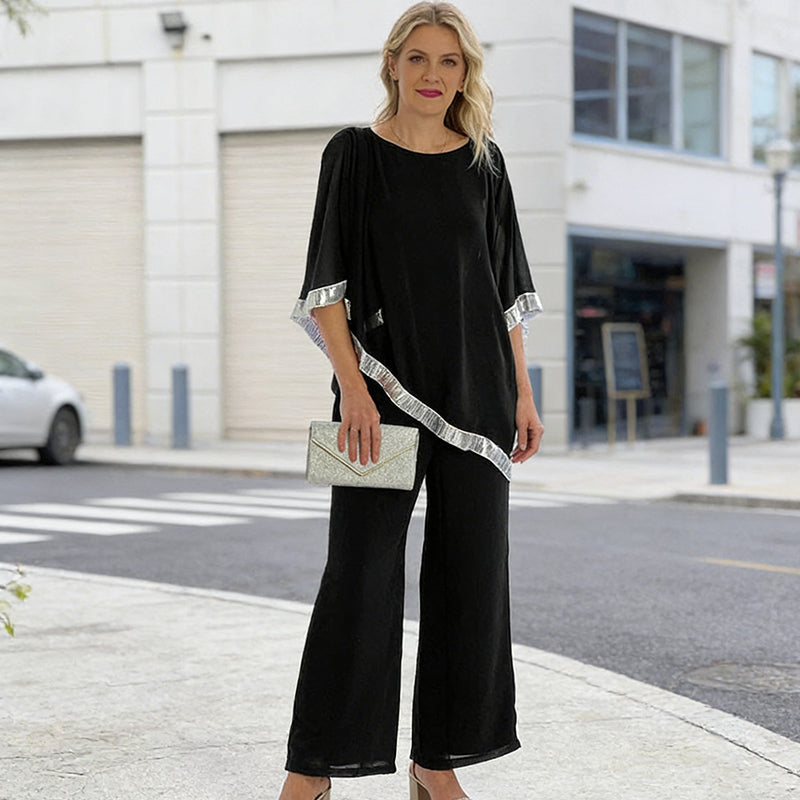 Conjunto de poncho con lentejuelas y pantalón ancho