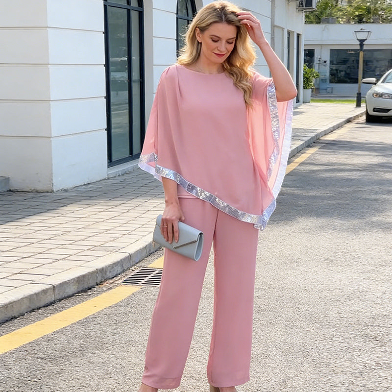 Conjunto de poncho con lentejuelas y pantalón ancho