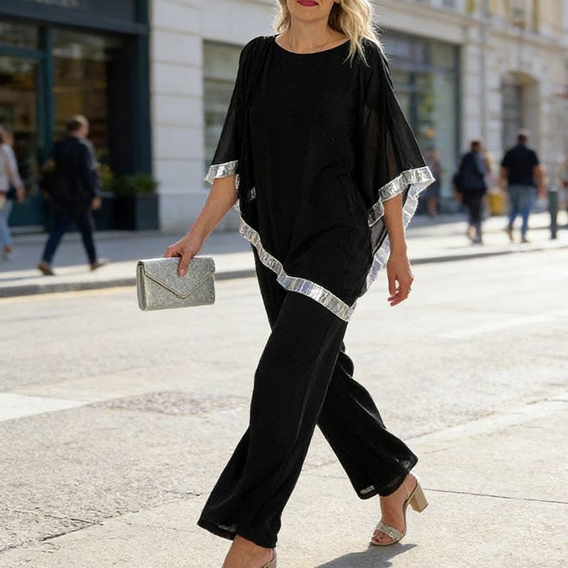 Conjunto de poncho con lentejuelas y pantalón ancho
