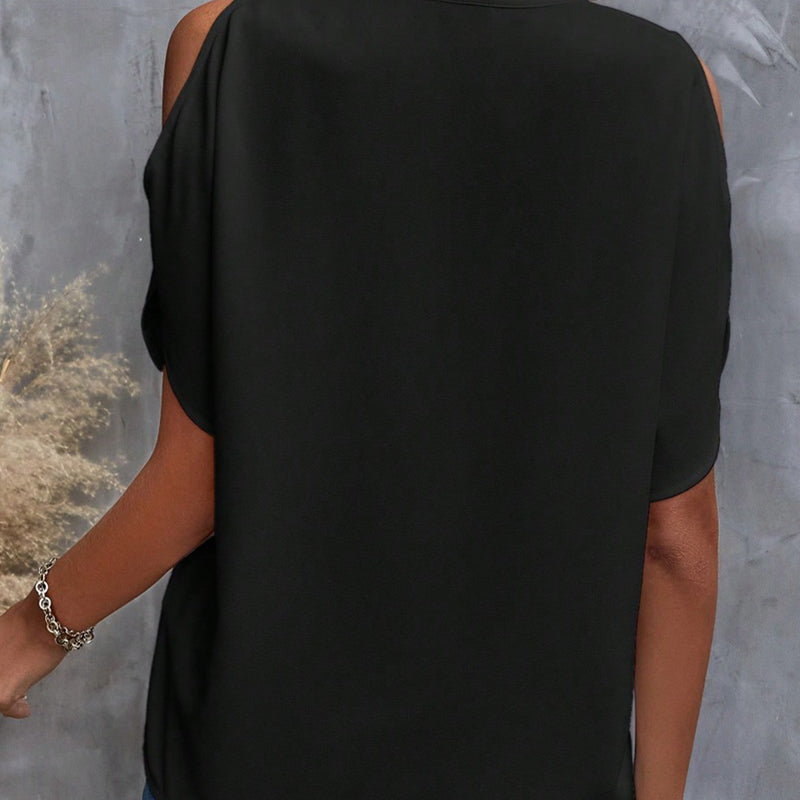 Camiseta monocromática elegante para mujer, cuello en V y hombros descubiertos