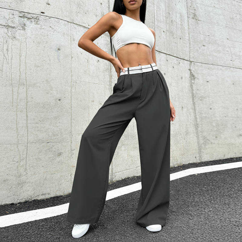 Pantaloni da abito da donna a gamba larga con cintura a contrasto