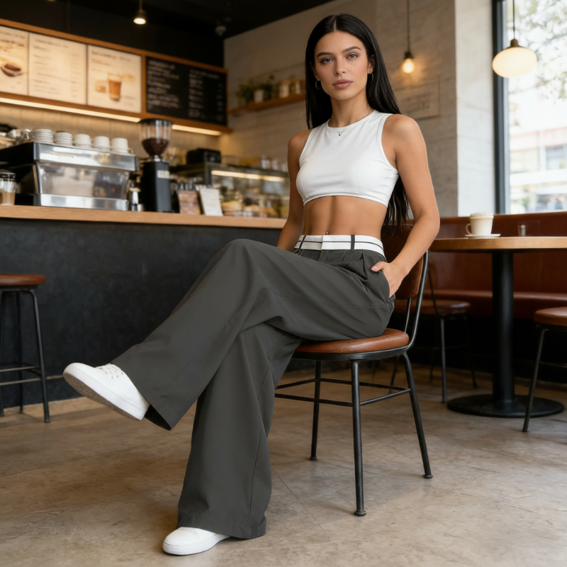 Pantaloni da abito da donna a gamba larga con cintura a contrasto