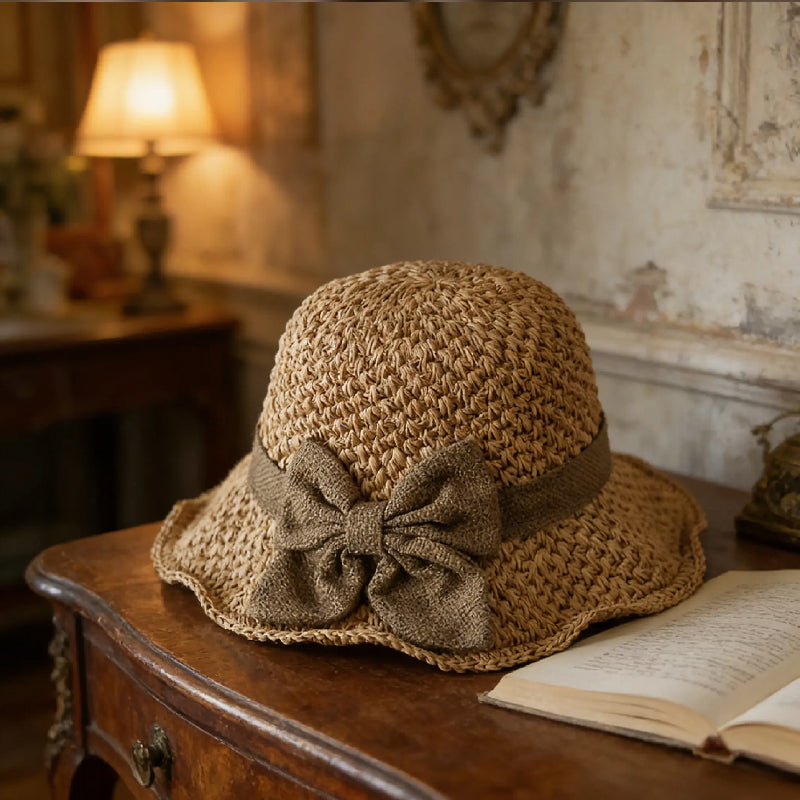 Elegante sombrero de sol de paja trenzada con un lazo