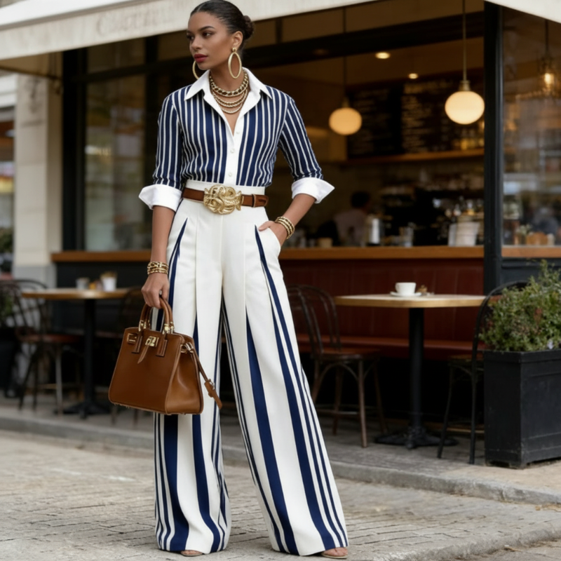 Conjunt de camisa de ratlles i pantalons amples