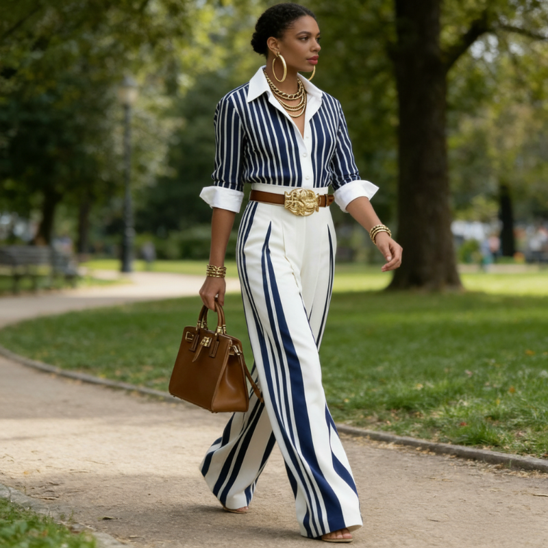 Conjunt de camisa de ratlles i pantalons amples
