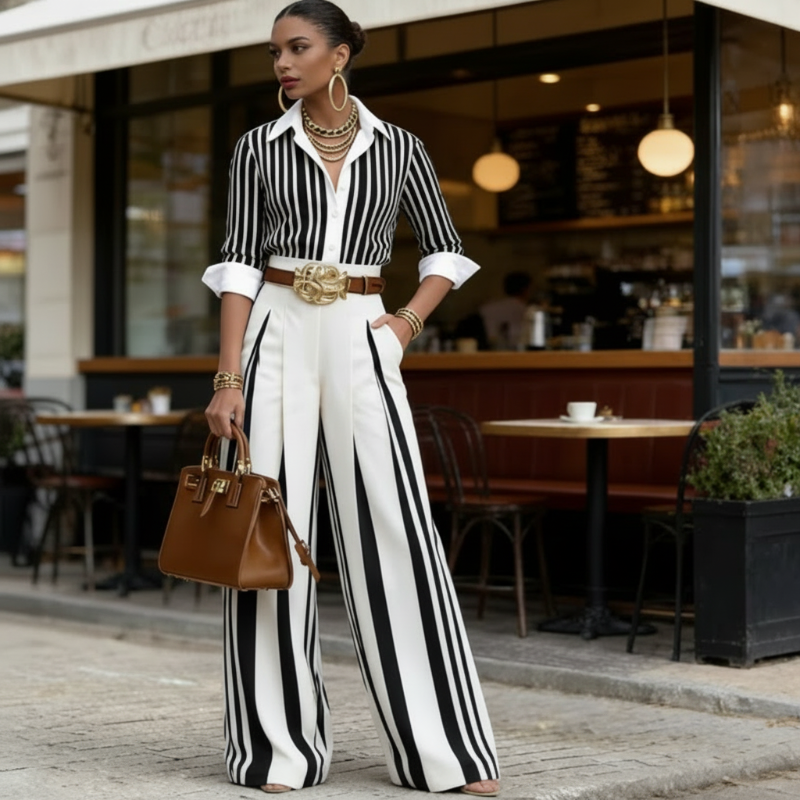 Conjunt de camisa de ratlles i pantalons amples