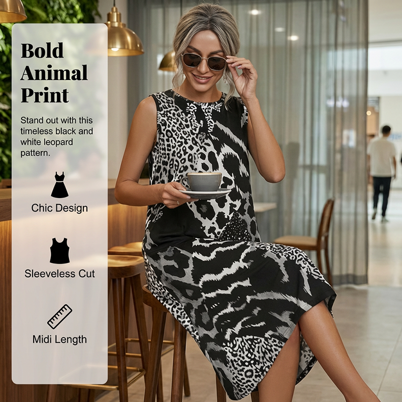 Abito lungo senza maniche con stampa leopardata