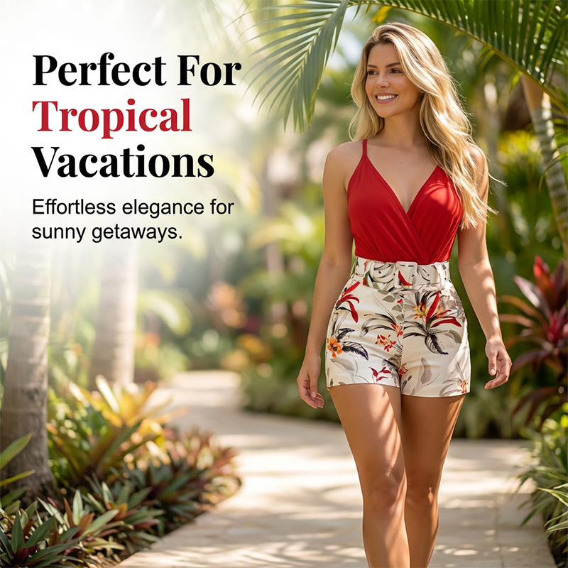 Completo tropicale con shorts a vita alta e top con scollo a V