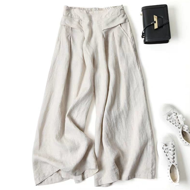 Pantaloni larghi da donna in cotone e lino