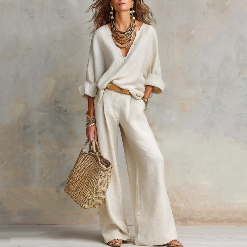 Completo con top a collo a V e pantaloni larghi