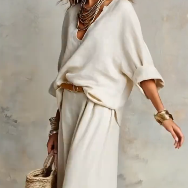 Conjunto de top con cuello en V y pantalón ancho