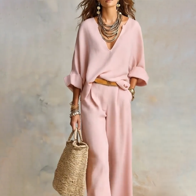 Conjunto de top con cuello en V y pantalón ancho