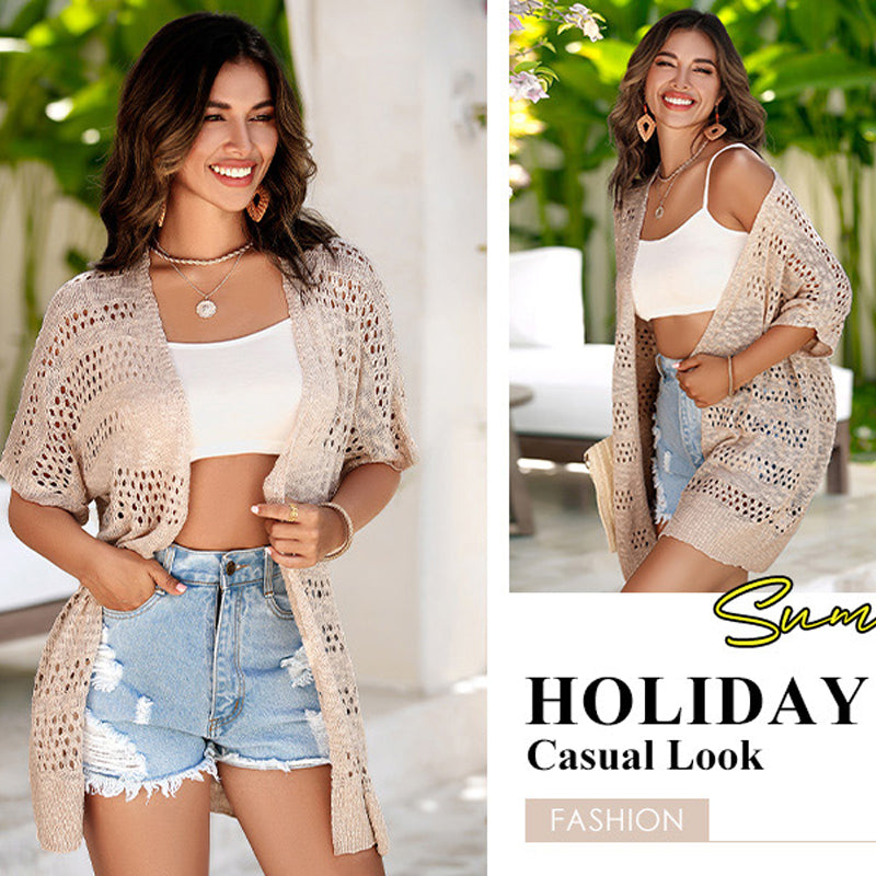 Cardigan bohémien a maglia traforata con maniche corte