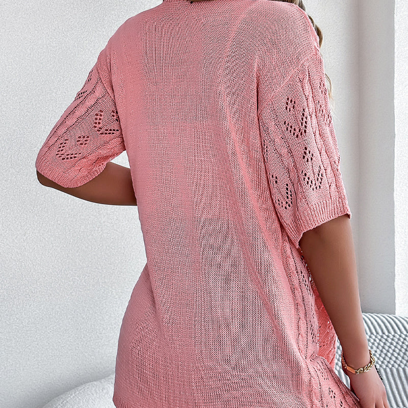 Cardigan bohémien a maglia traforata con maniche corte