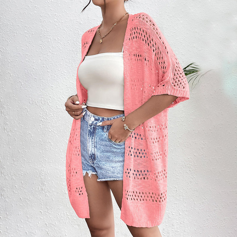 Cardigan bohémien a maglia traforata con maniche corte