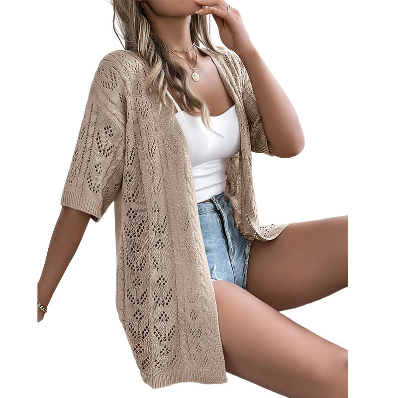 Cardigan bohémien a maglia traforata con maniche corte