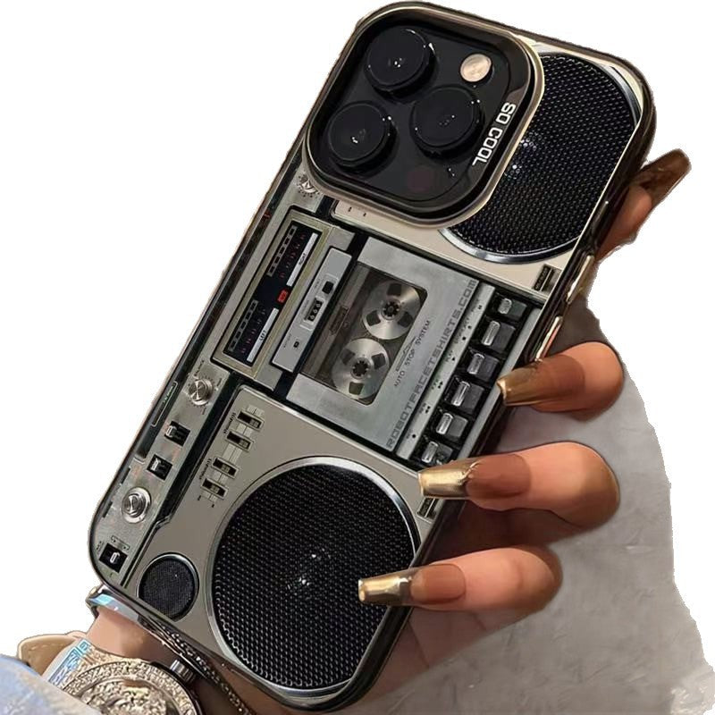 Funda per a mòbil amb disseny de boombox retro i lector de cassetes