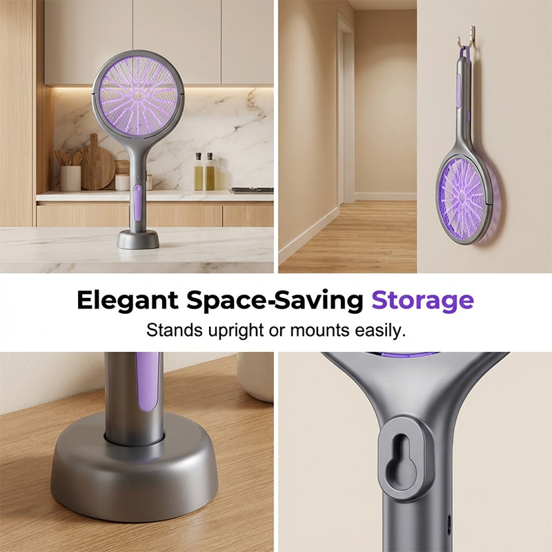 Mosquito Zapper Raqueta Antamoles Elèctrica 2 en 1, Raqueta Anti-insectes USB Recarregable 3000V amb Capçal Rotatiu, Mosquitera Elèctrica per a Casa/Balcó/Jardí/Camping, Gris