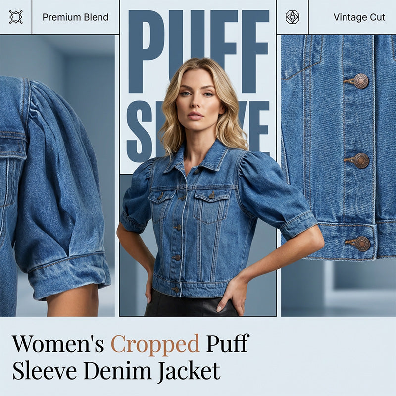 Giacca corta di jeans con maniche a sbuffo