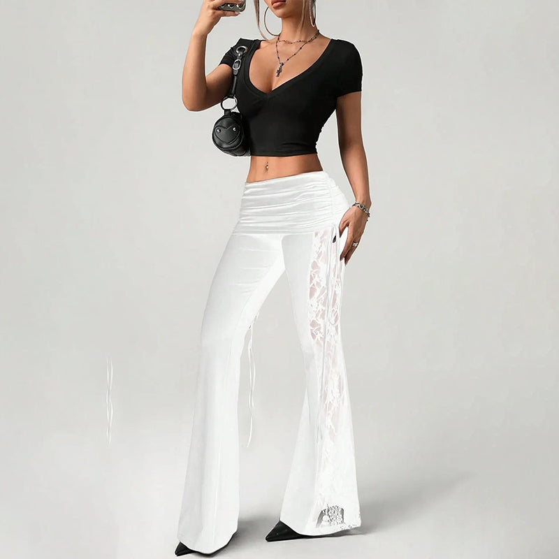 Pantalon évasé femme à fronces et empiècement en dentelle