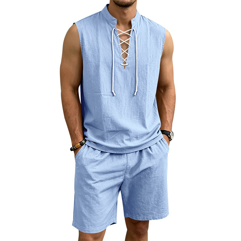 Conjunto de lino para hombre: parte superior con cordones y pantalón corto