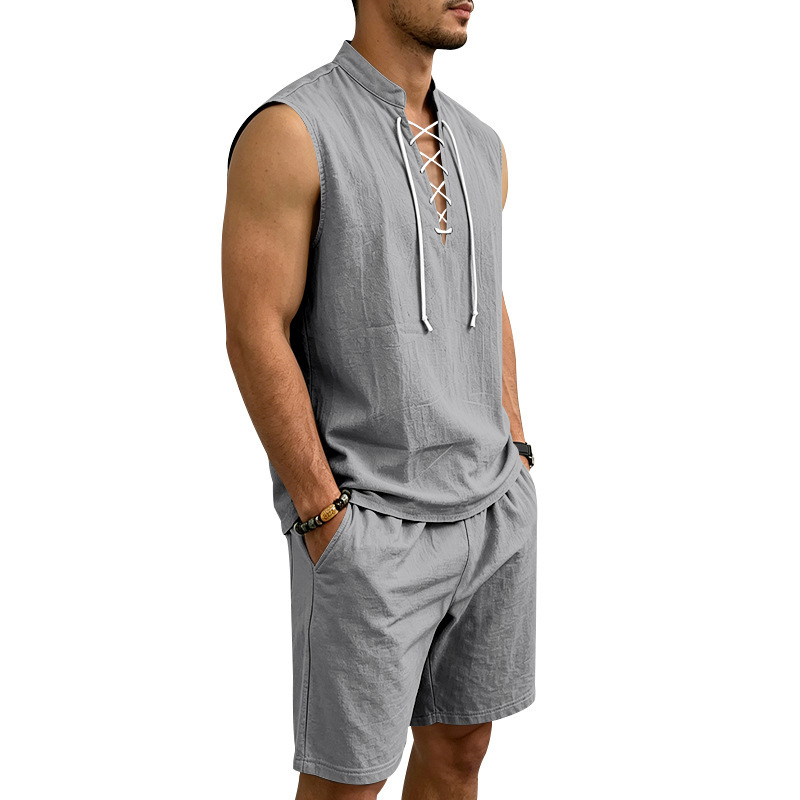 Conjunto de lino para hombre: parte superior con cordones y pantalón corto