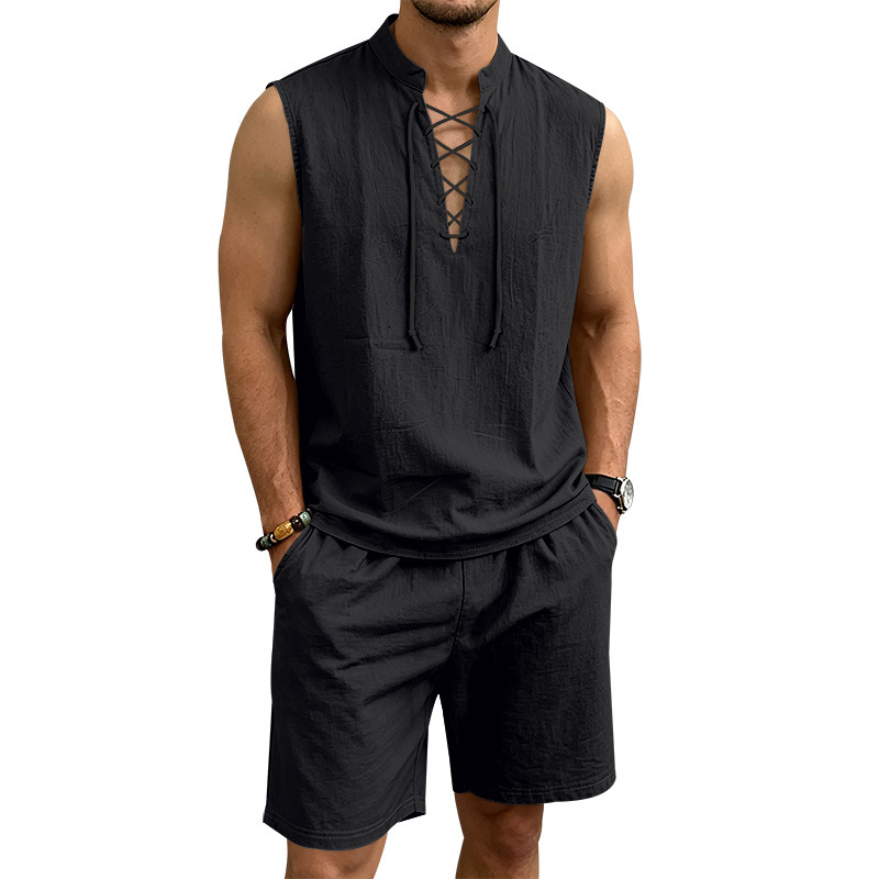 Conjunto de lino para hombre: parte superior con cordones y pantalón corto