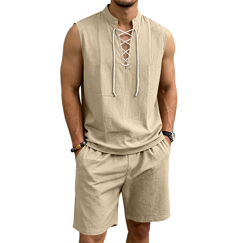 Conjunto de lino para hombre: parte superior con cordones y pantalón corto