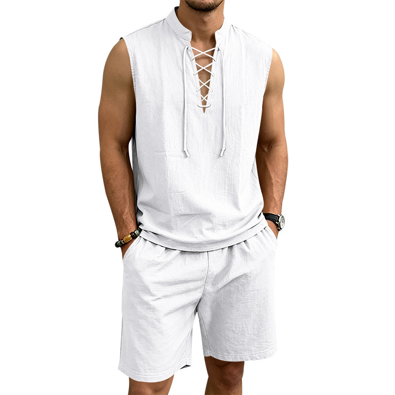 Conjunto de lino para hombre: parte superior con cordones y pantalón corto