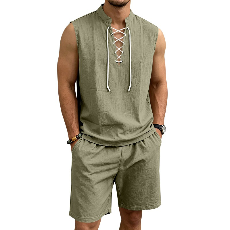 Conjunto de lino para hombre: parte superior con cordones y pantalón corto