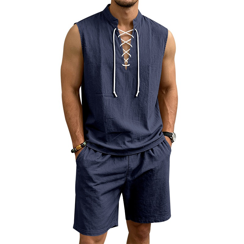 Conjunto de lino para hombre: parte superior con cordones y pantalón corto