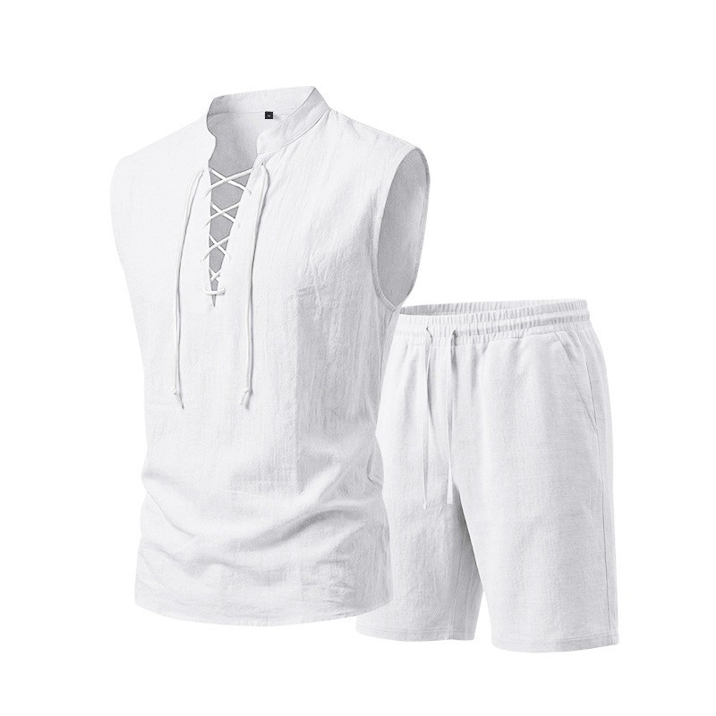 Conjunto de lino para hombre: parte superior con cordones y pantalón corto