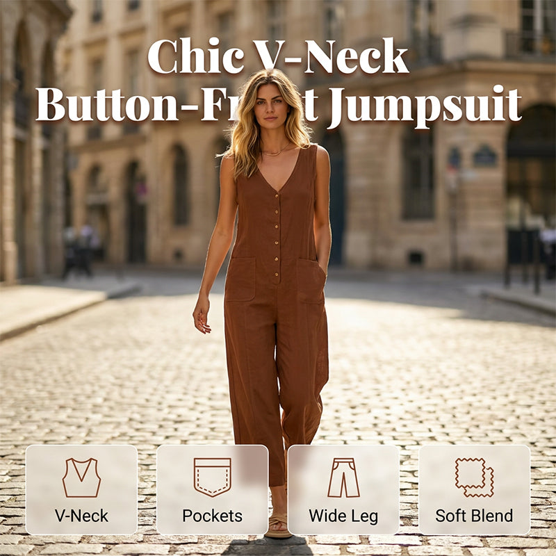 Ermeløs jumpsuit med V-hals og knapper foran til dame