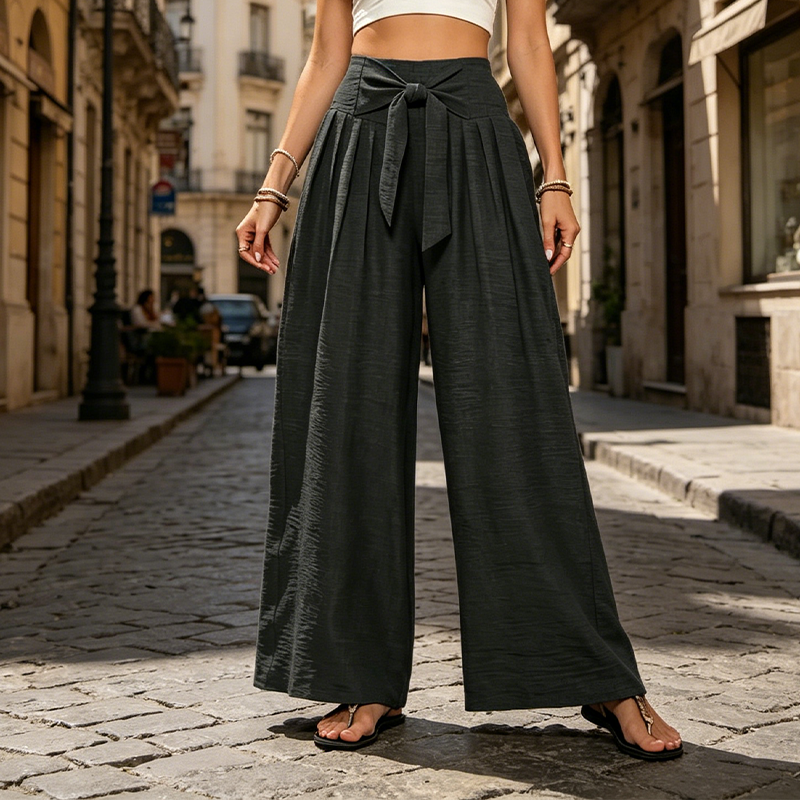 Pantaloni a gamba larga da donna con vita alta e nodo frontale