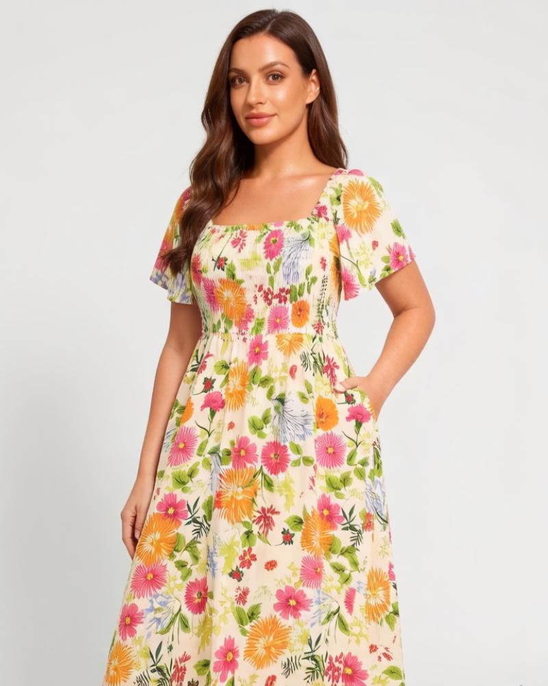 Vestit midi de flors, coll quadrat i gofrat, amb butxaques