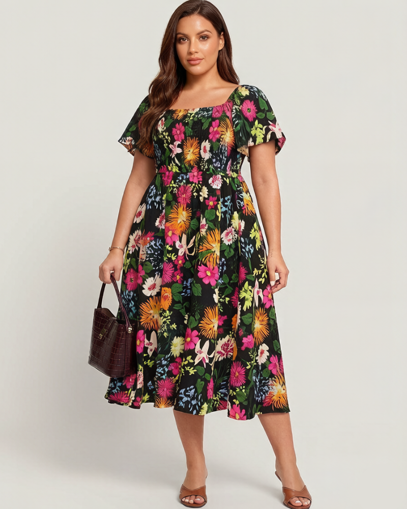 Vestit midi de flors, coll quadrat i gofrat, amb butxaques