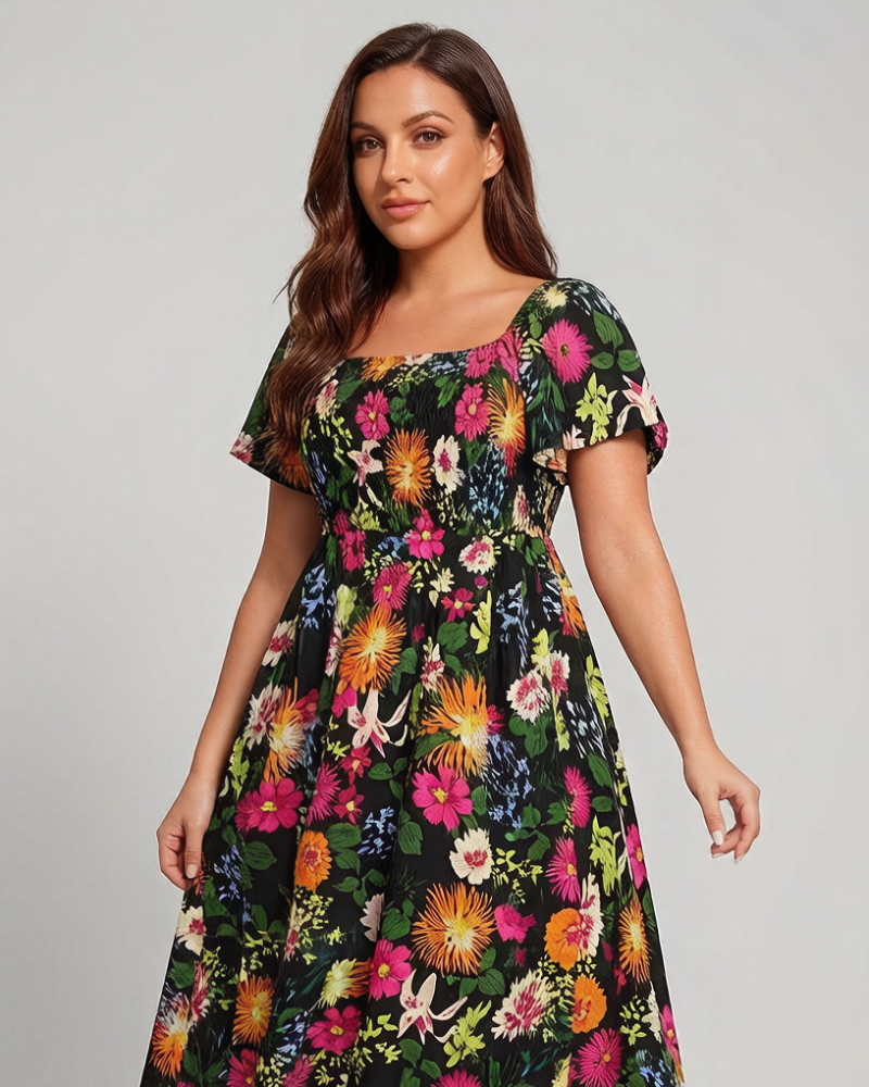 Vestit midi de flors, coll quadrat i gofrat, amb butxaques