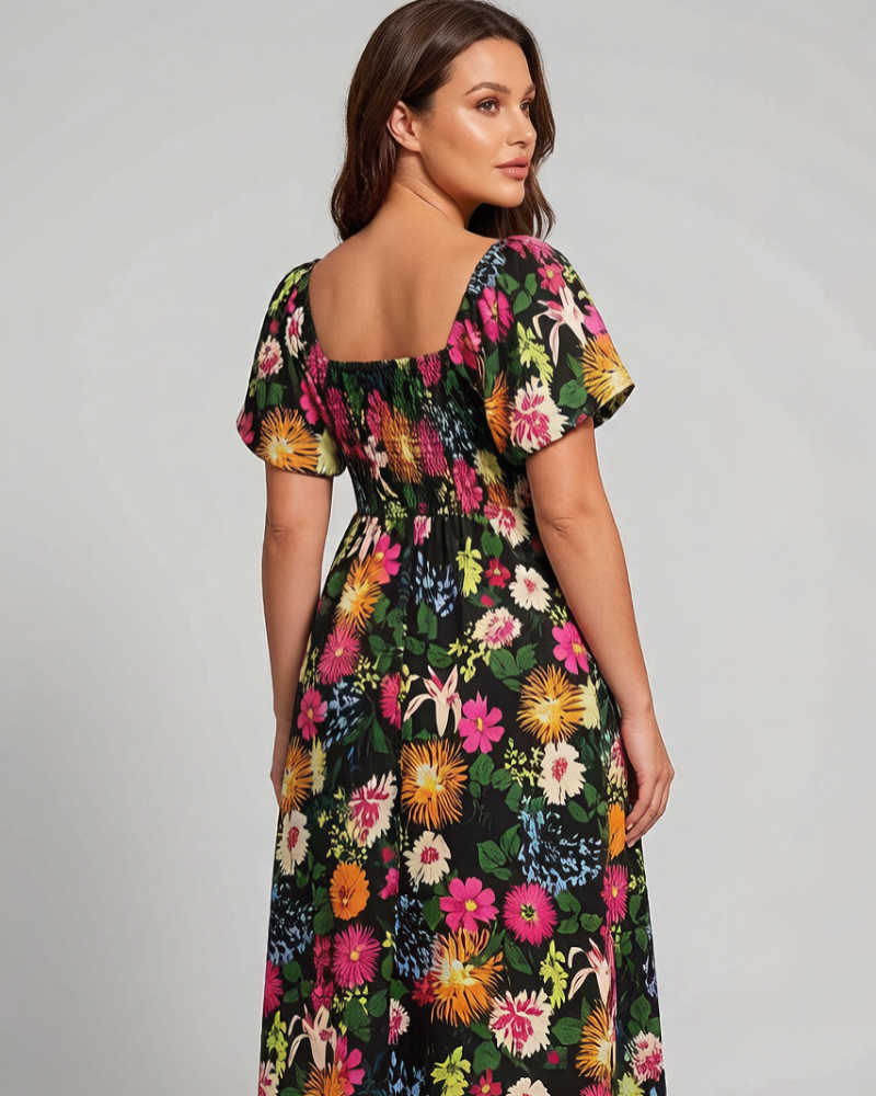 Vestit midi de flors, coll quadrat i gofrat, amb butxaques