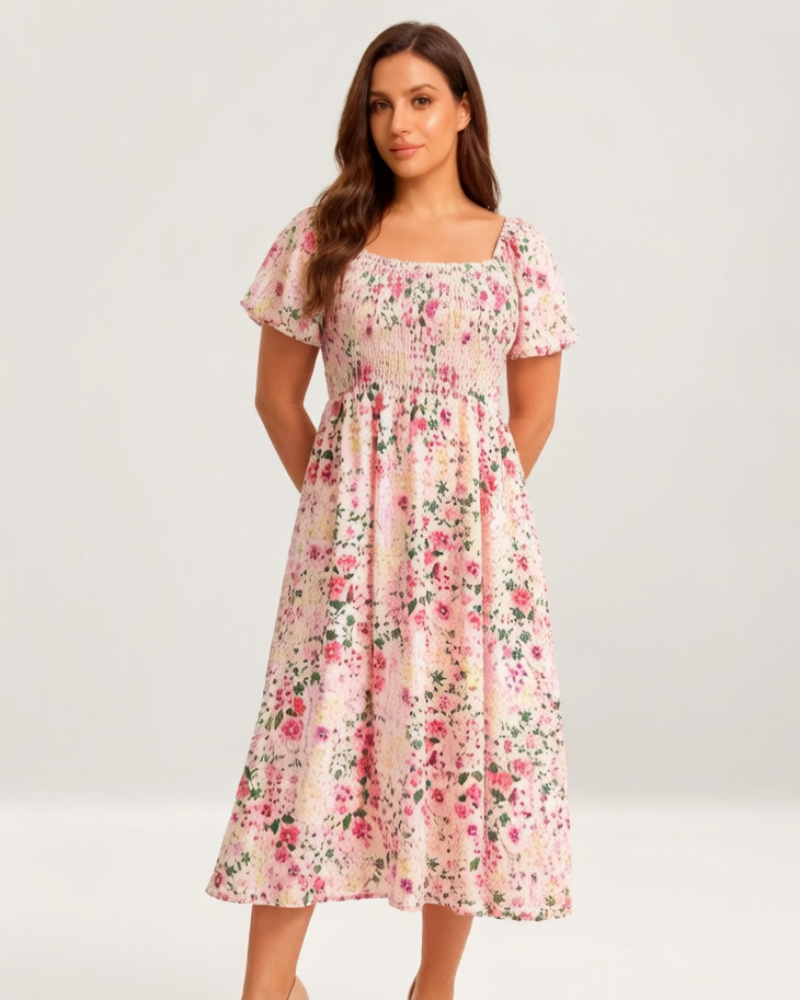 Vestit midi de flors, coll quadrat i gofrat, amb butxaques