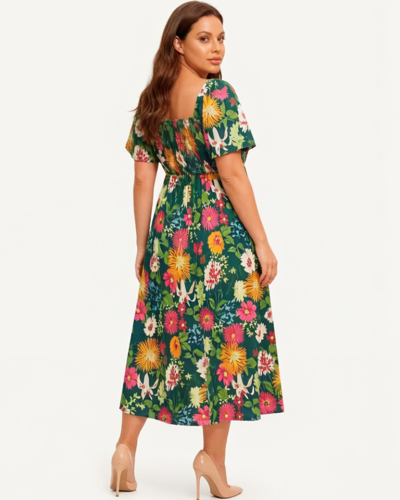 Vestit midi de flors, coll quadrat i gofrat, amb butxaques