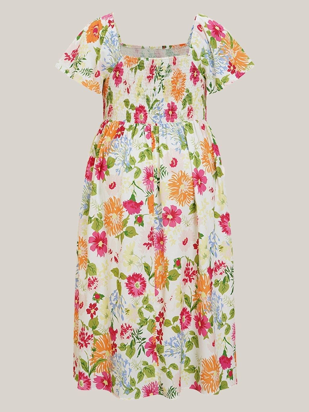 Vestit midi de flors, coll quadrat i gofrat, amb butxaques