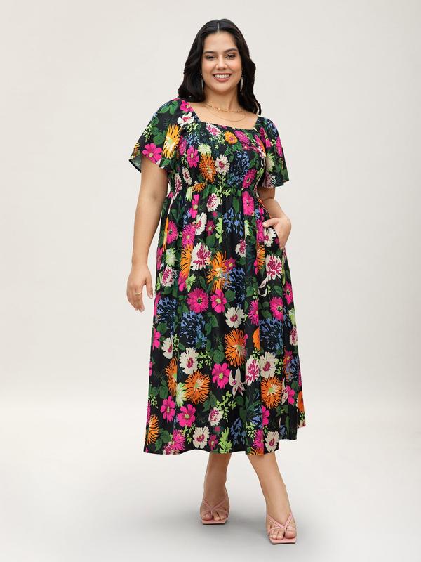 Vestit midi de flors, coll quadrat i gofrat, amb butxaques