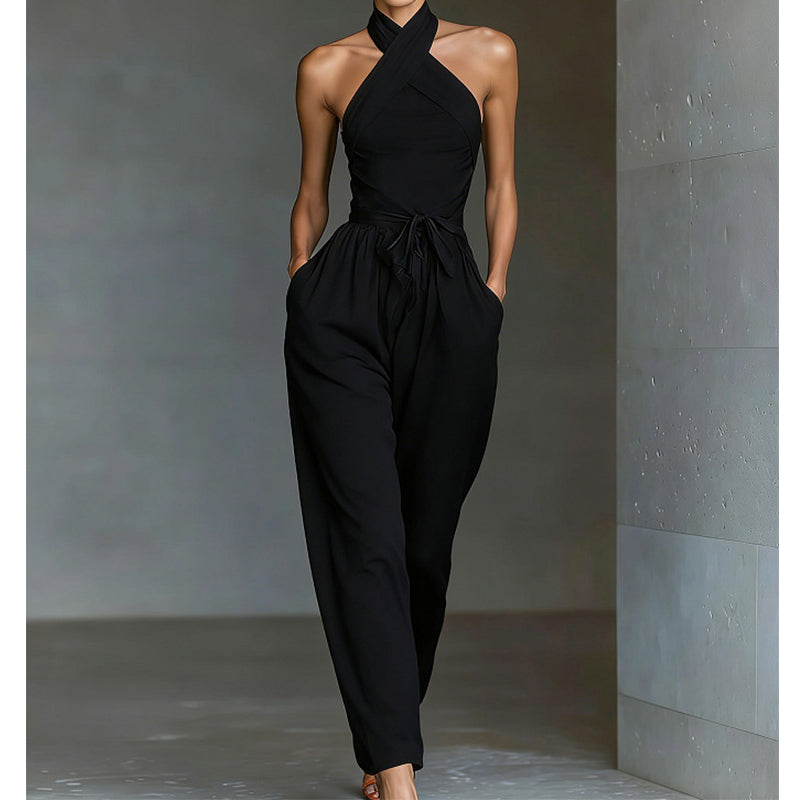 Elegant ermeløs jumpsuit med åpen rygg og snøring i livet