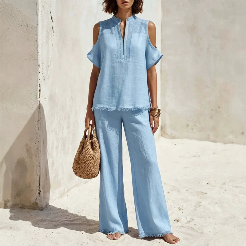 Completo a due pezzi con spalle scoperte in lino misto
