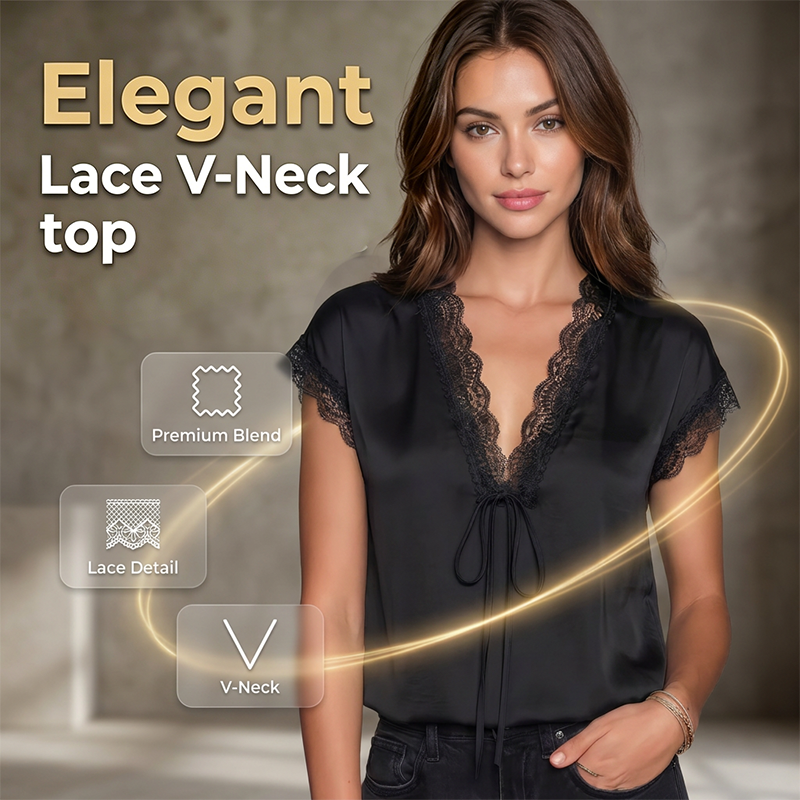 Top de encaje con cuello en V y manga corta