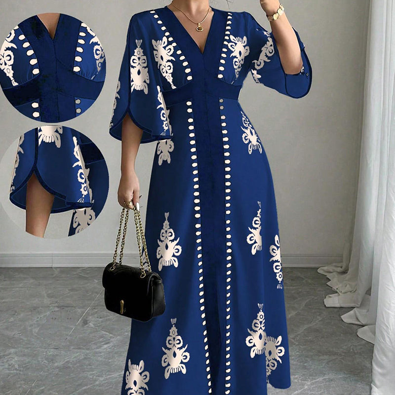 Vestit llarg elegant per a dona amb estampat i coll en V
