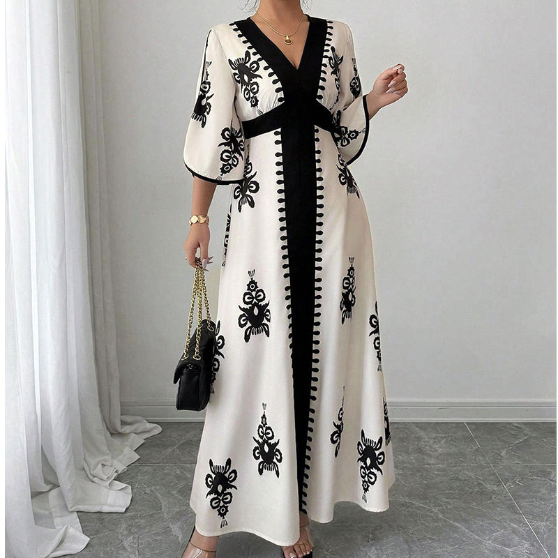 Vestit llarg elegant per a dona amb estampat i coll en V