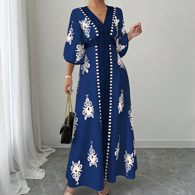Vestit llarg elegant per a dona amb estampat i coll en V