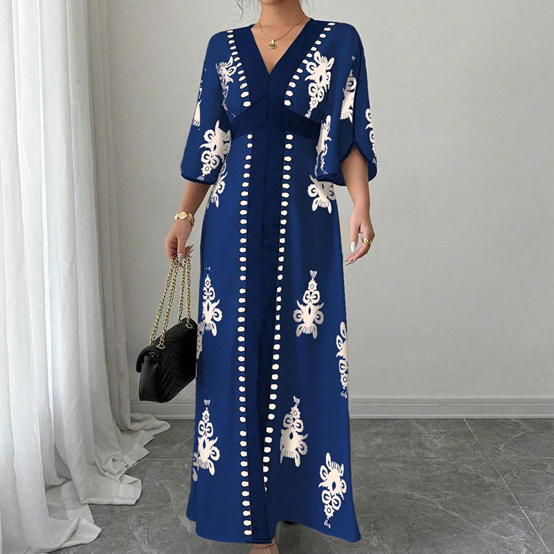 Vestit llarg elegant per a dona amb estampat i coll en V