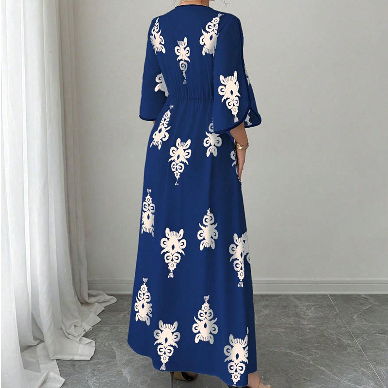 Vestit llarg elegant per a dona amb estampat i coll en V